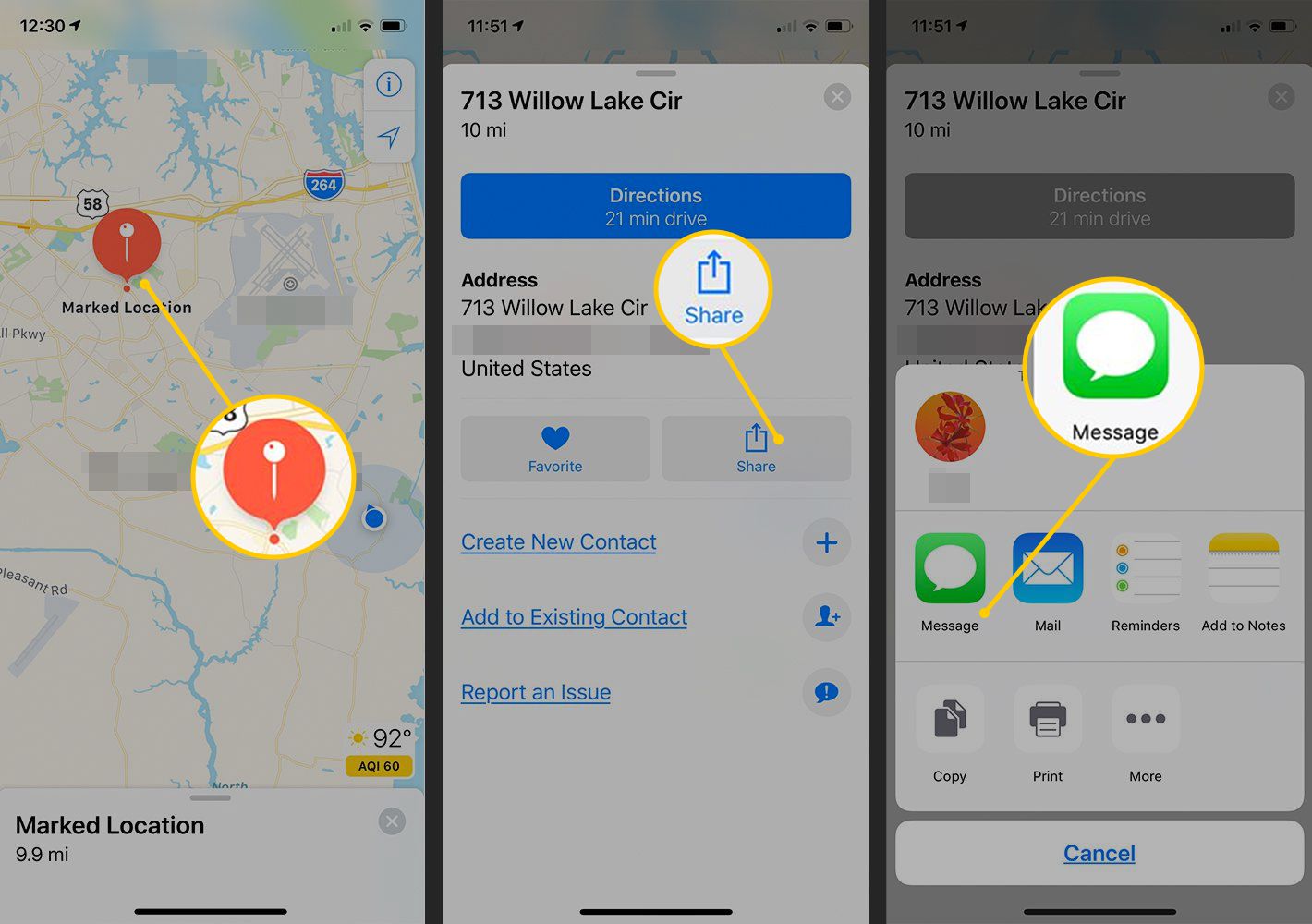 Markerad plats, Dela-knapp, Meddelandeknapp i iOS-kartor