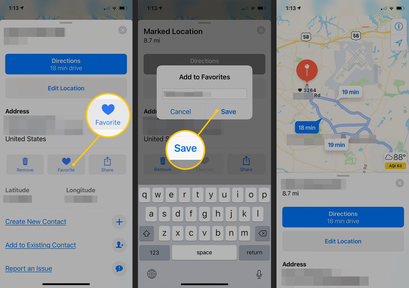 Favoritknapp, Spara-knapp, Sparad plats i iOS-kartor