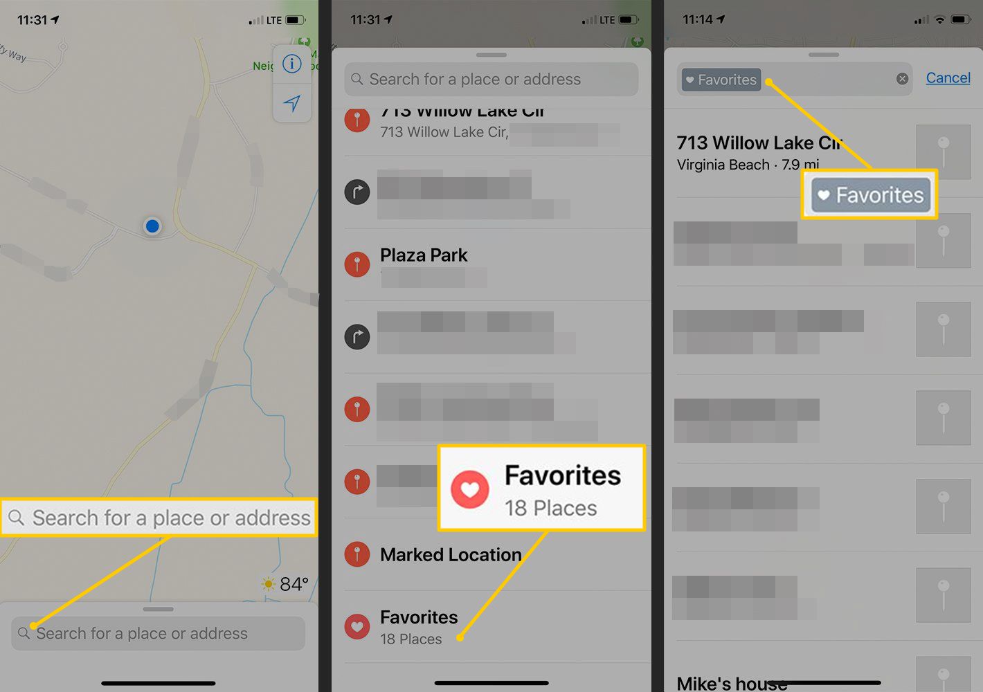Sökfält, favoritplatser, favorittagg i iOS-kartor