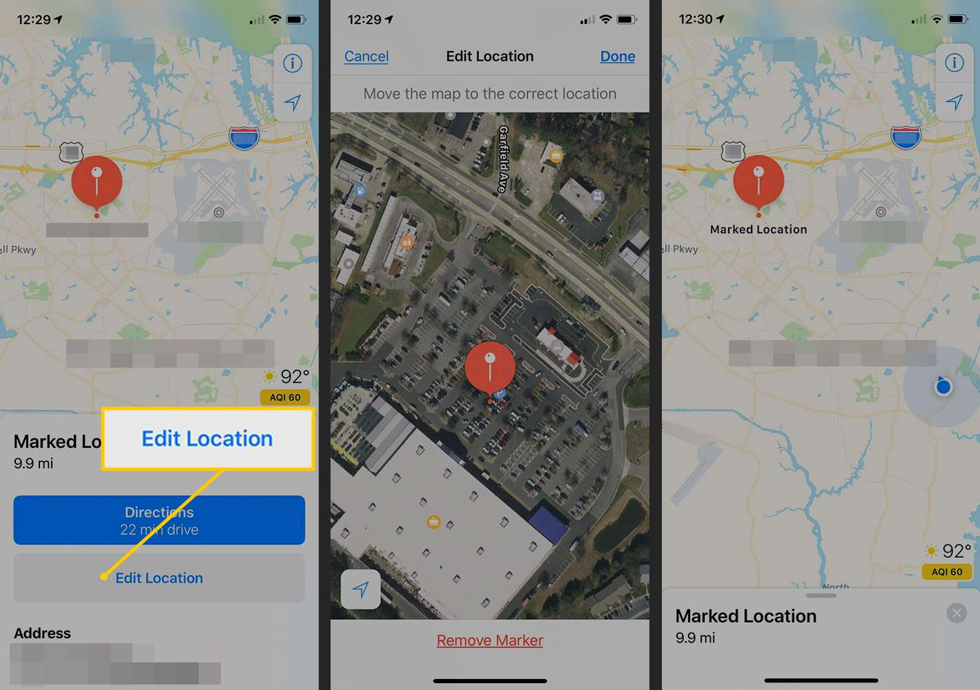 Redigera plats, markerad stift i Maps för iOS