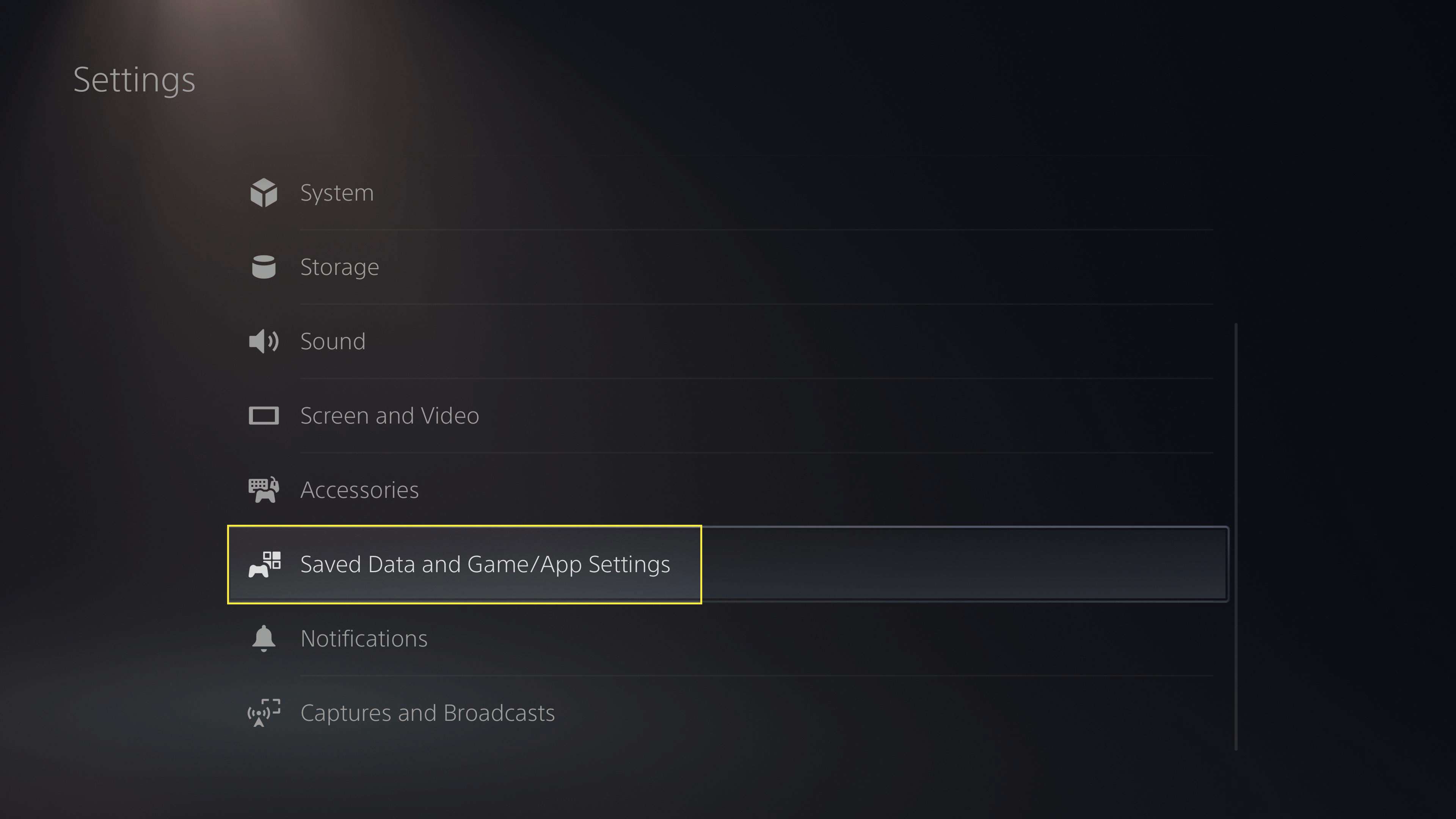 "Sparade data och spel- / appinställningar" i PS5-inställningar