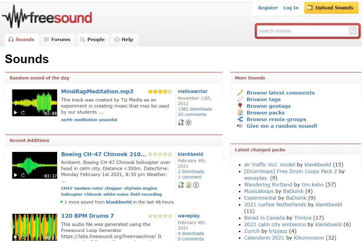 Skärmdump av Freesound-webbplatsen
