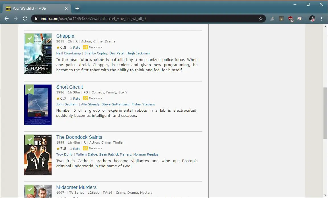 En skärmdump av IMDB TV Watchlist.