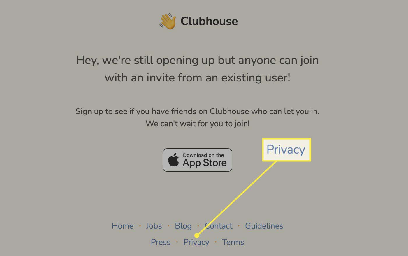 Sekretess-knapp markerad längst ner på klubbhusets webbplats.