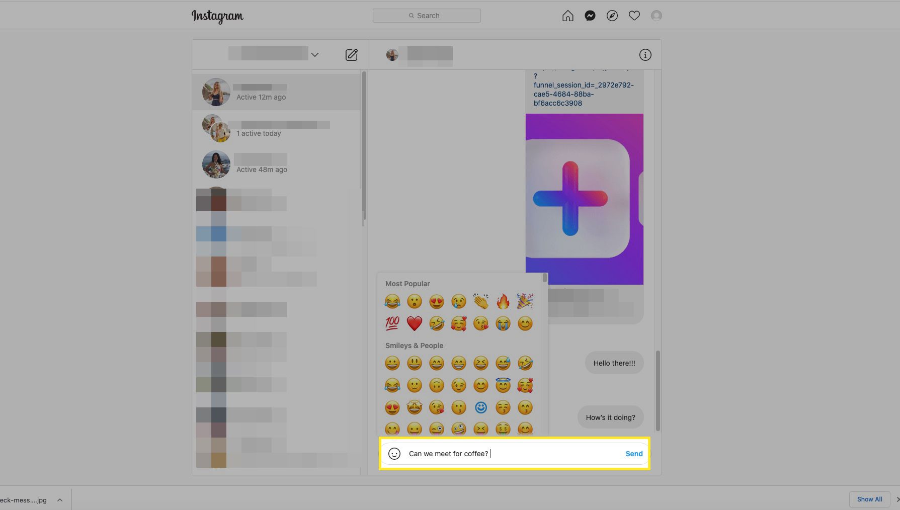Instagram-skrivbords svarskärm med meddelandefält och emoji-alternativ markerade