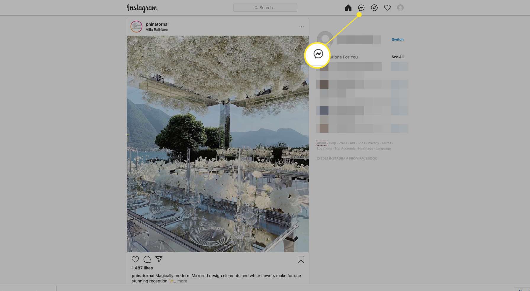 Instagram på skrivbordet med Messenger-ikonen markerad