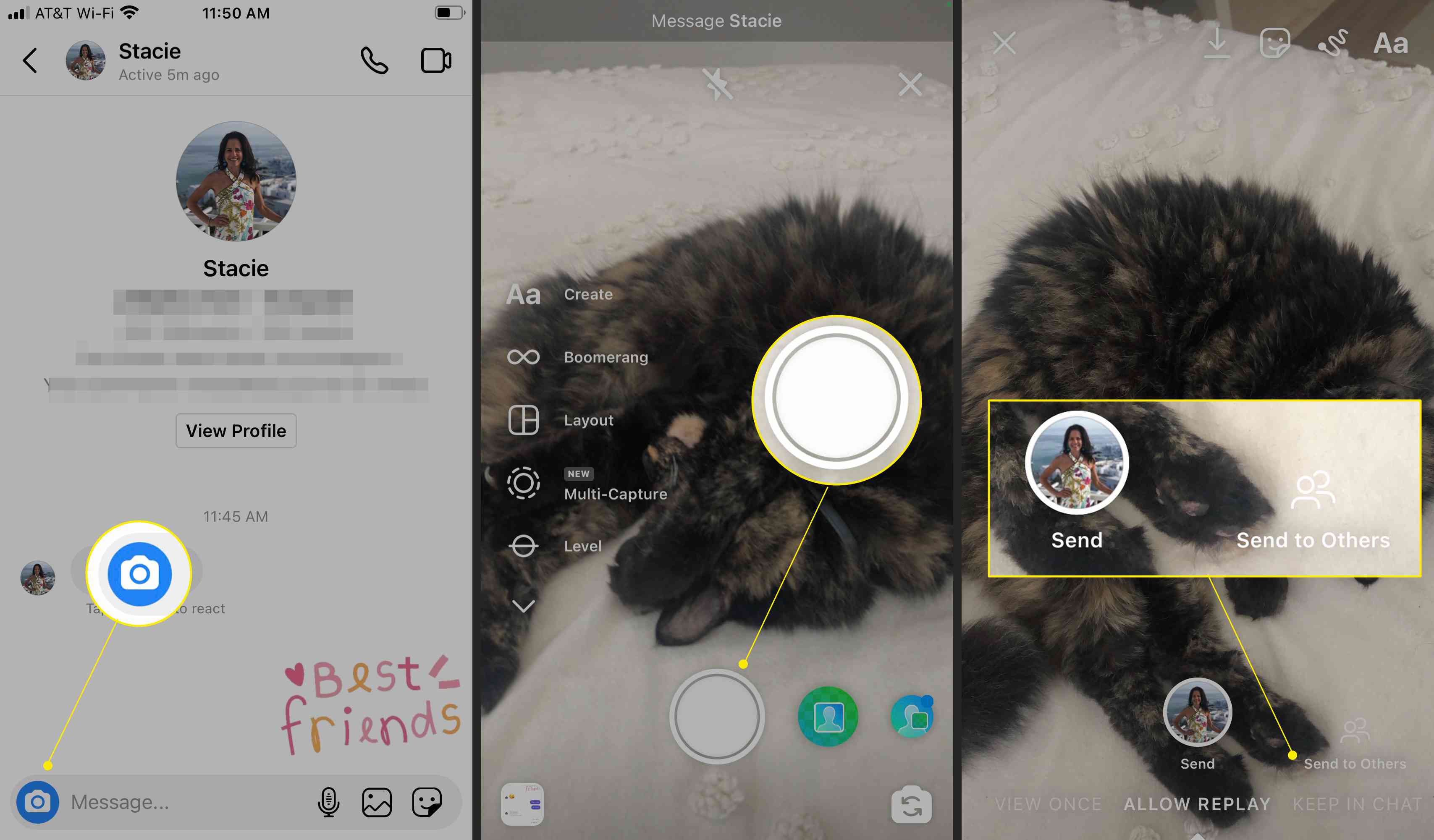 Instagram-meddelanden med kameraikonen, kameragränssnittet och skicka alternativ markerade