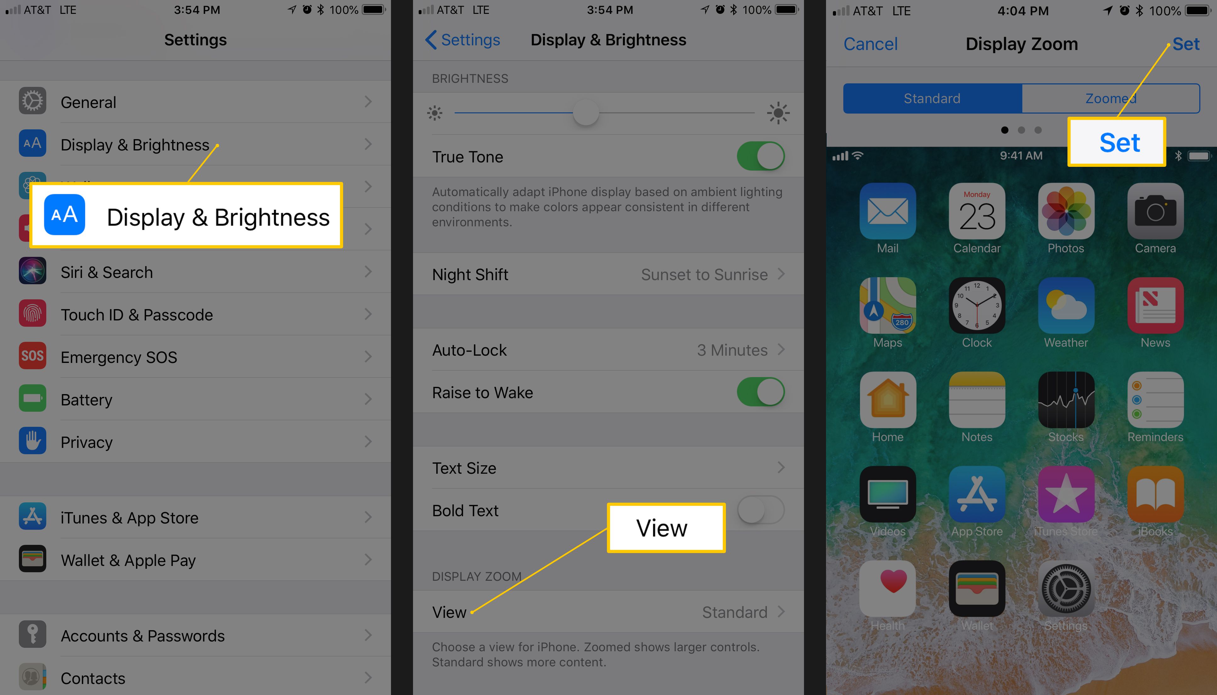 Tre skärmdumpar av iOS-inställningar för att ställa in visningszoom till standard