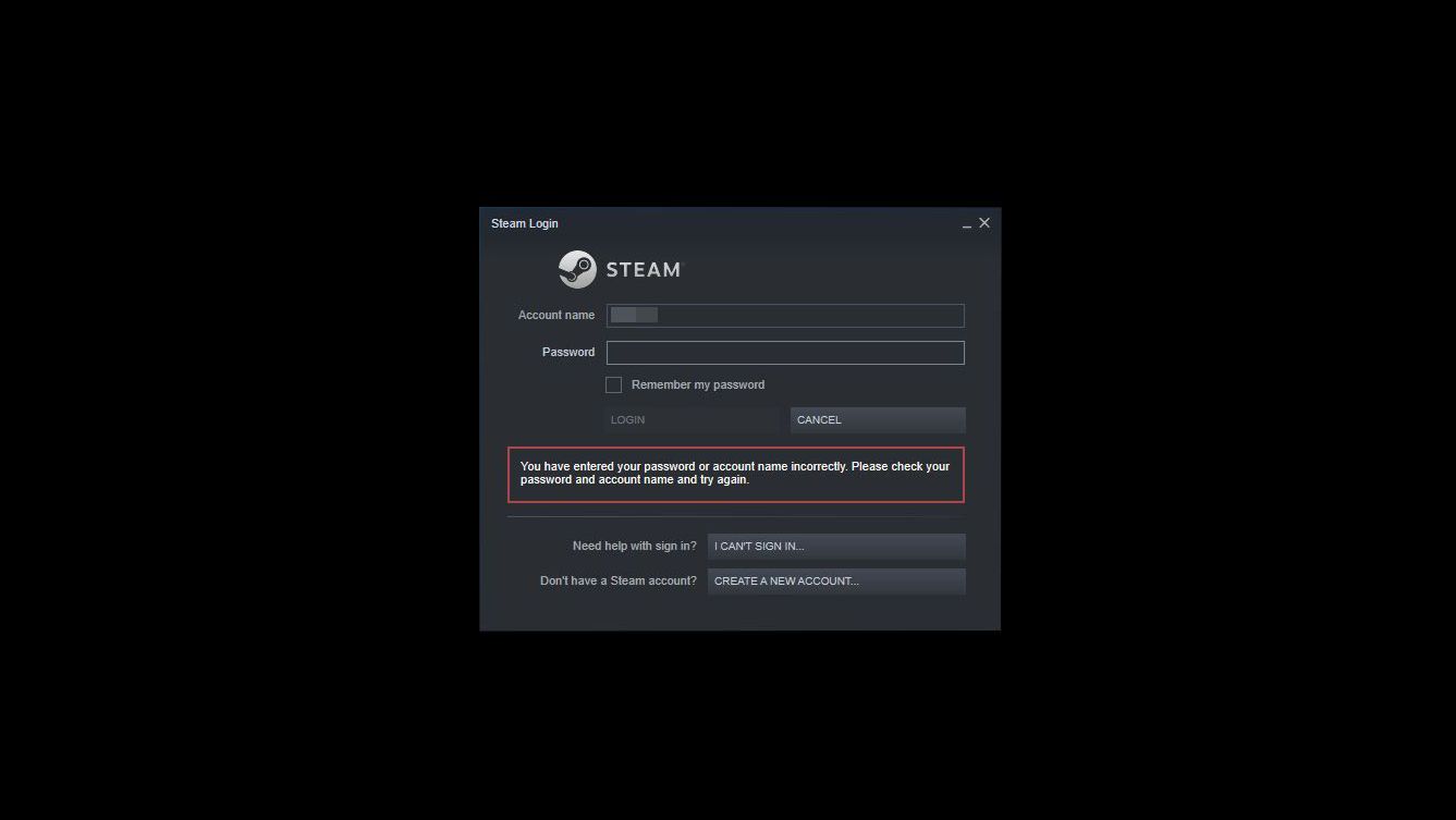Ett dåligt lösenord har angivits i Steam-inloggningen.