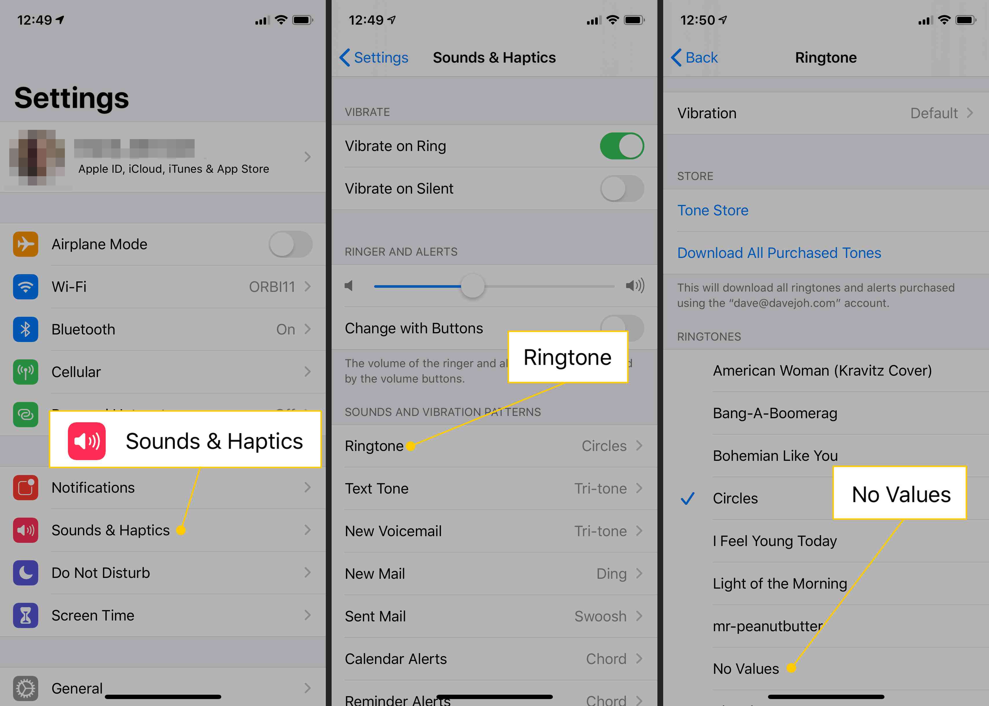 Ljud & Haptics, ringsignal, ringsignal du skapade i iOS-inställningar