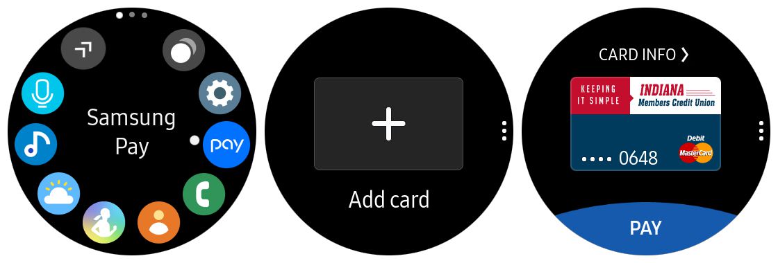 Skärmdumpar av Samsung Pay-appen på Gear S3