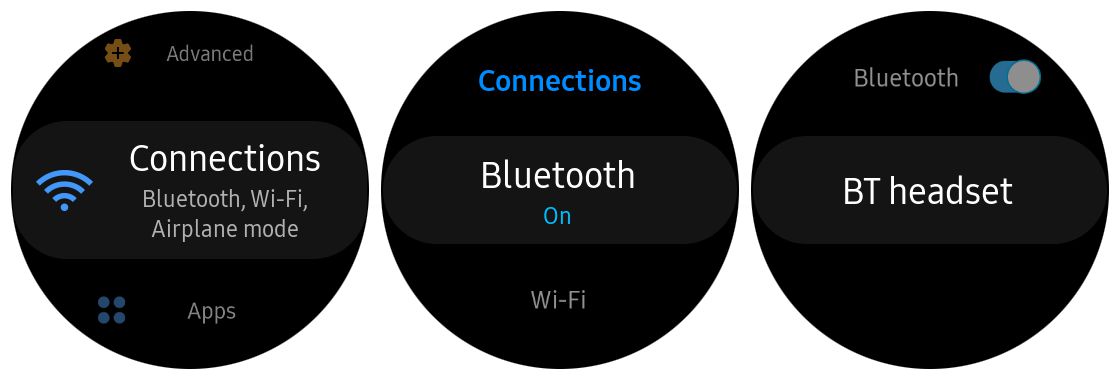 Skärmbilder av Bluetooth-inställningar på Samsung Gear S3
