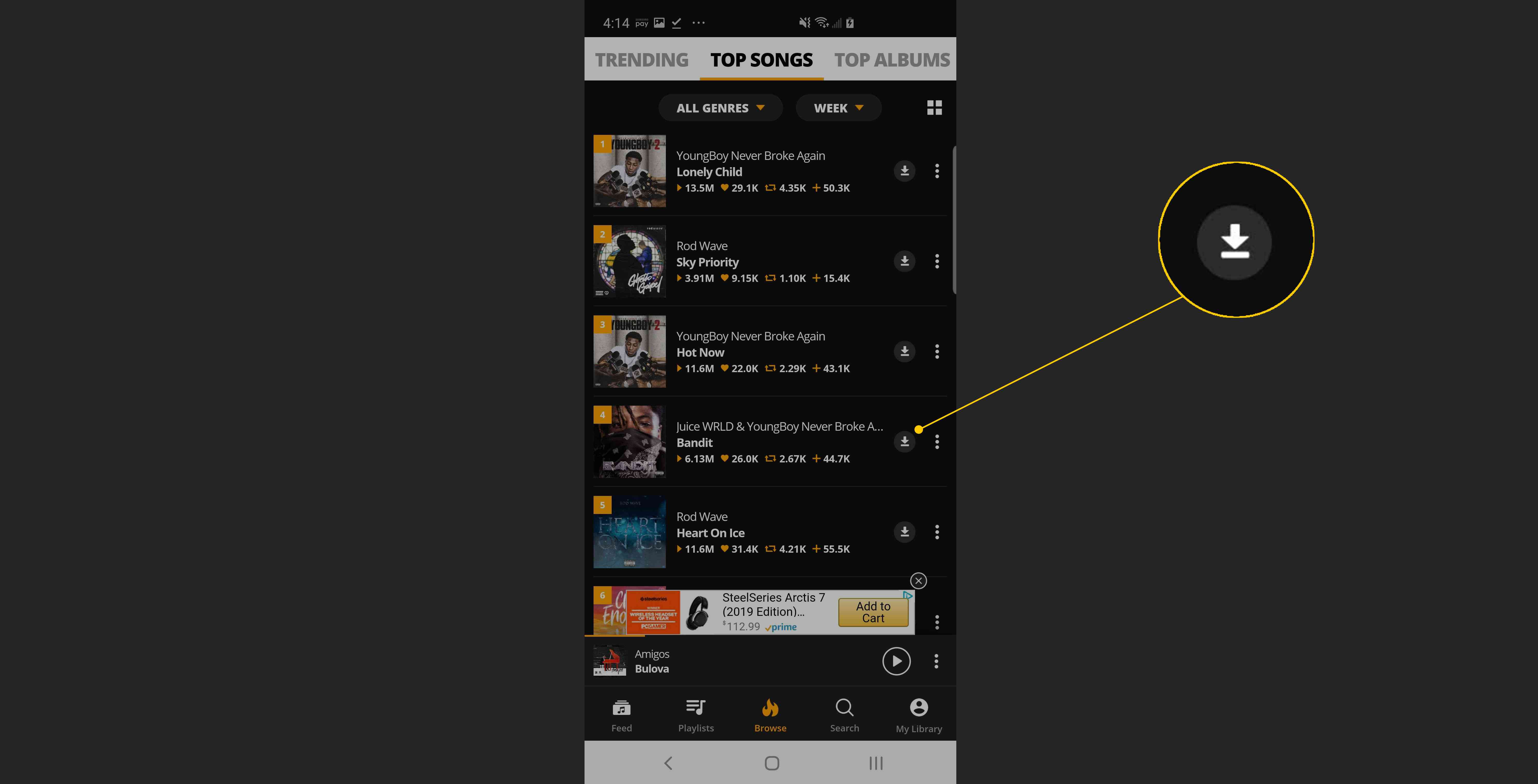 Hämta-knapp i musikapp från tredje part på Android