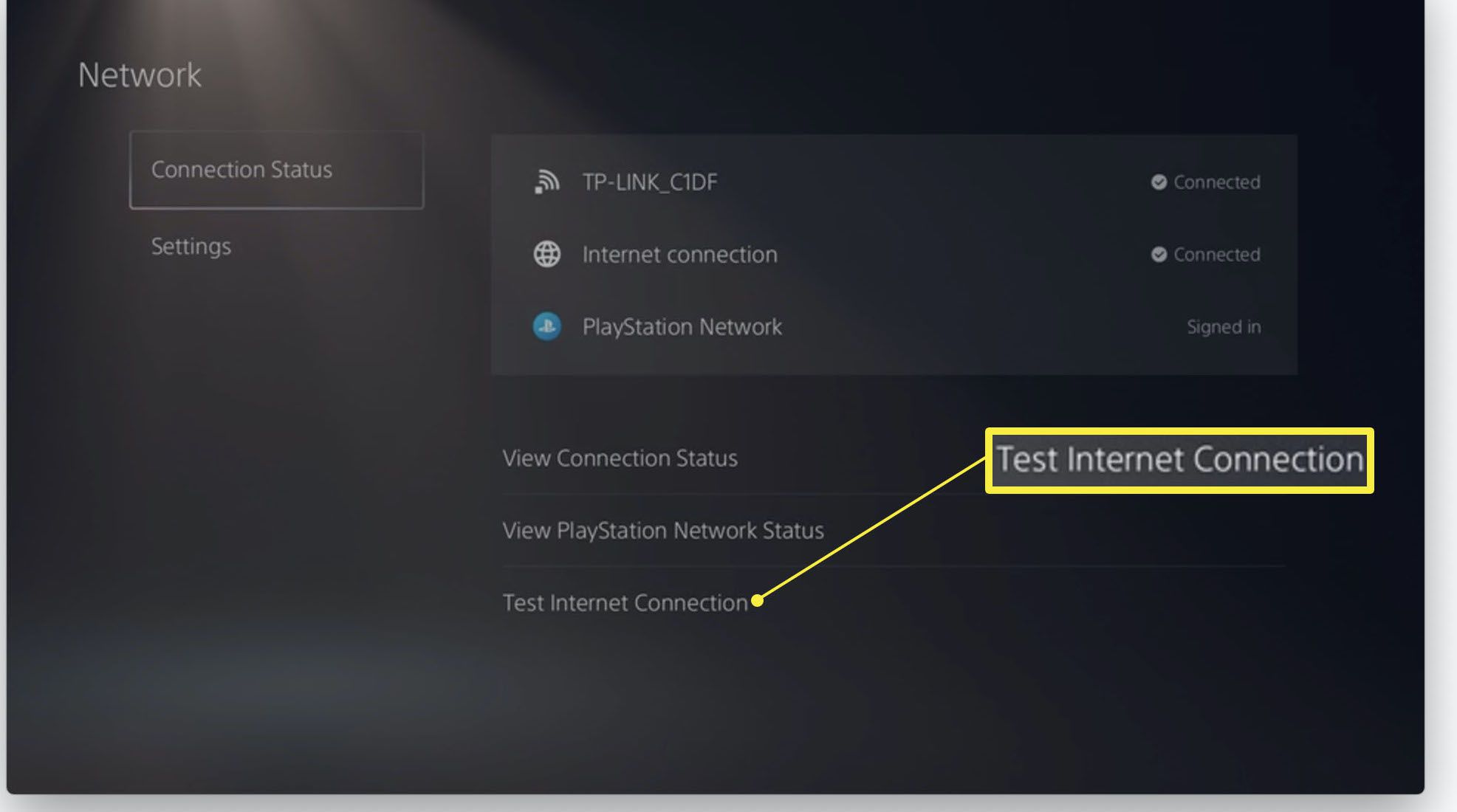 PlayStation 5 med Test Internet-anslutning markerad