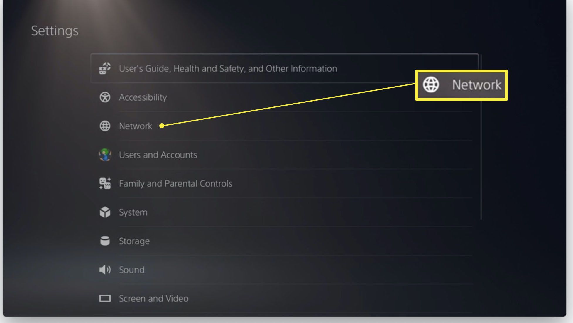 PlayStation 5-inställningar med nätverk markerat