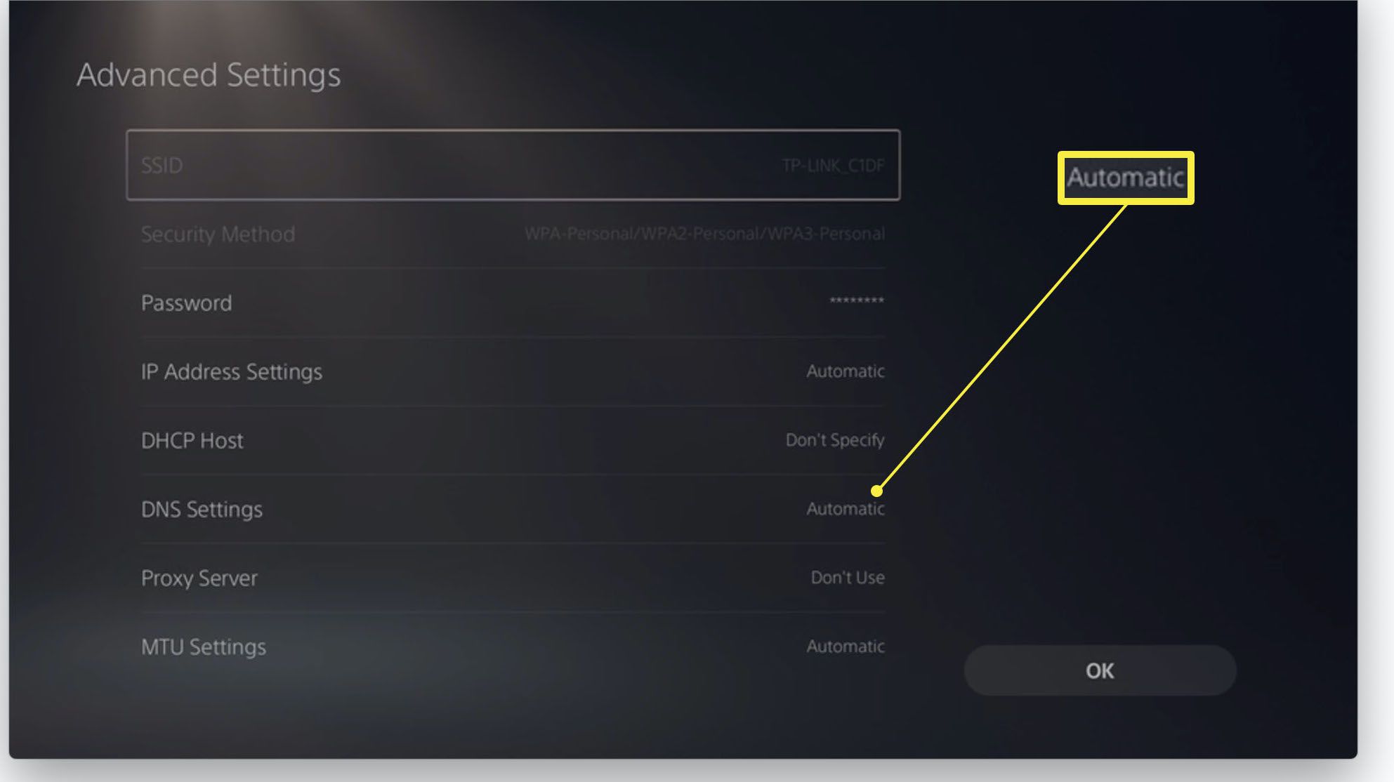 PlayStation 5 med avancerade nätverksinställningar öppna och DNS-inställningar markerade