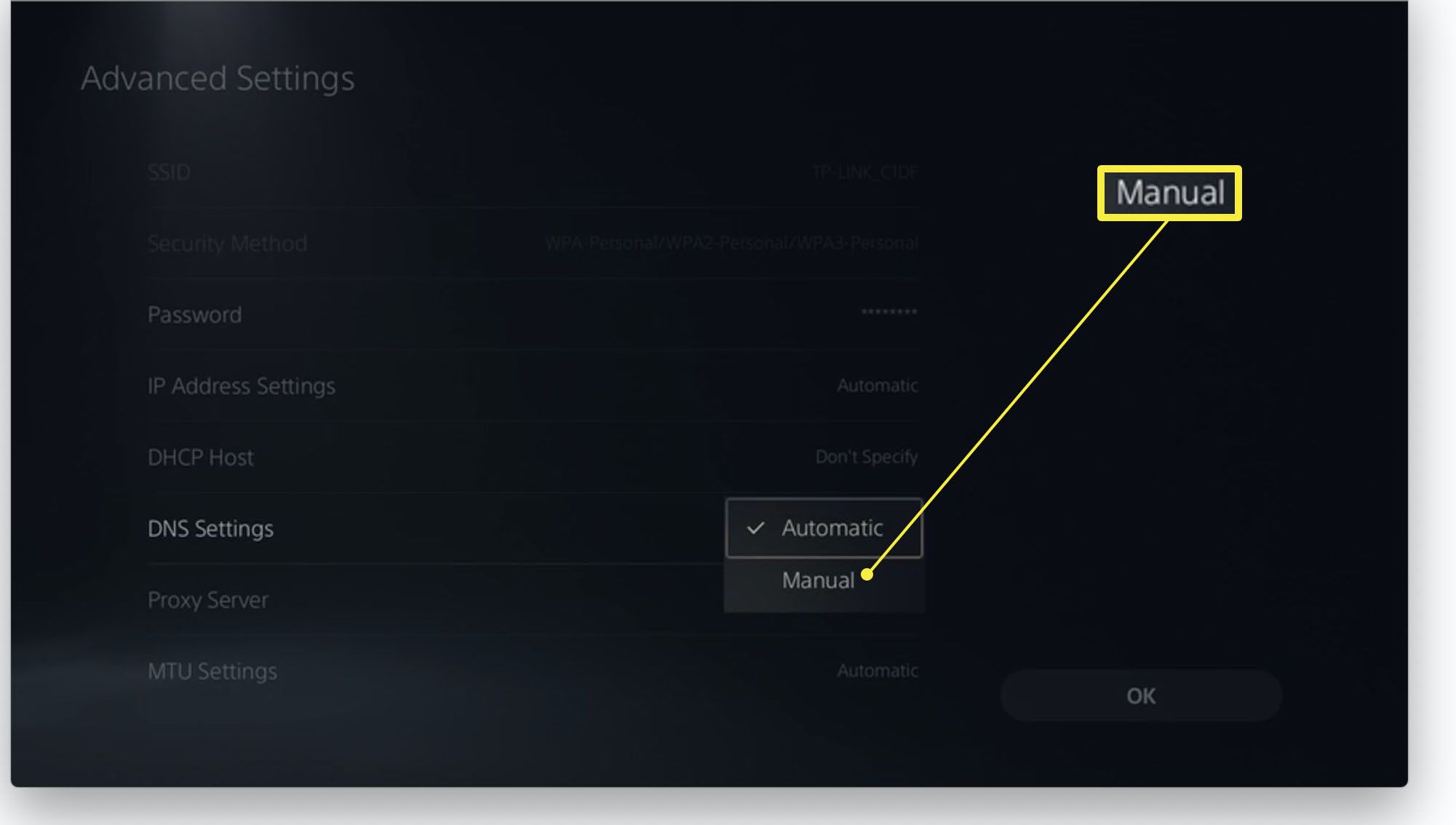 PlayStation 5 med DNS-inställningar markerade och manuellt valt