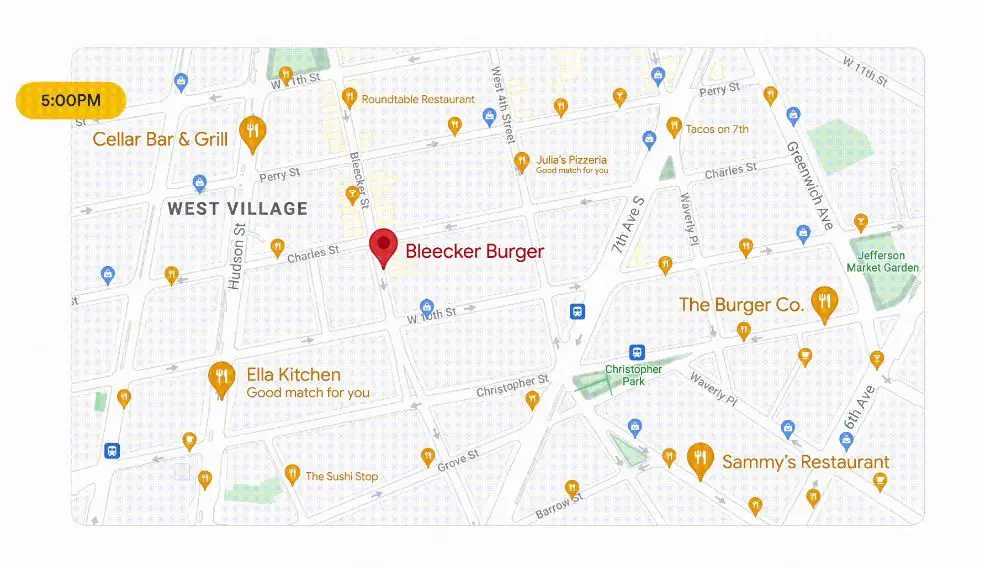 Google Maps Time Sensitive Information-funktion som visar eftermiddag och anläggningar