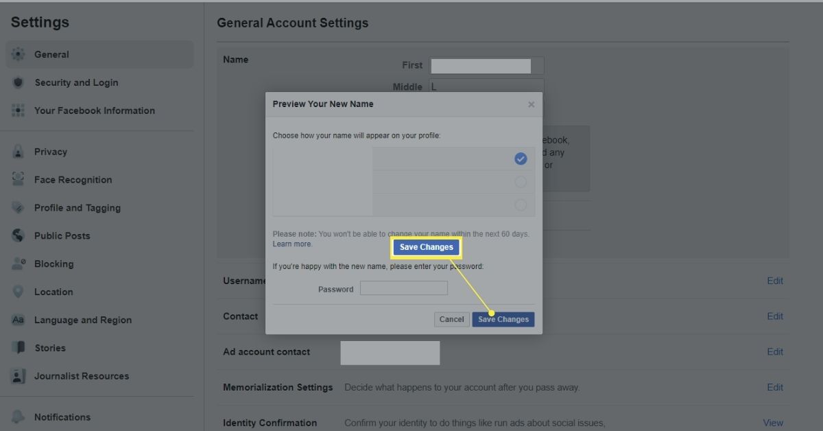 Spara ändringsknappen på Facebook namnändring