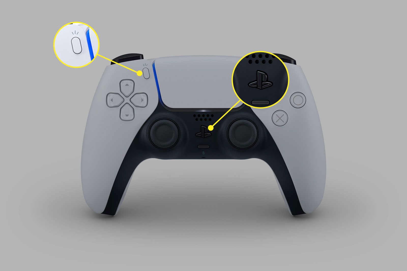 Skapa och PS-knapparna på PS5 DualSense-kontrollenheten