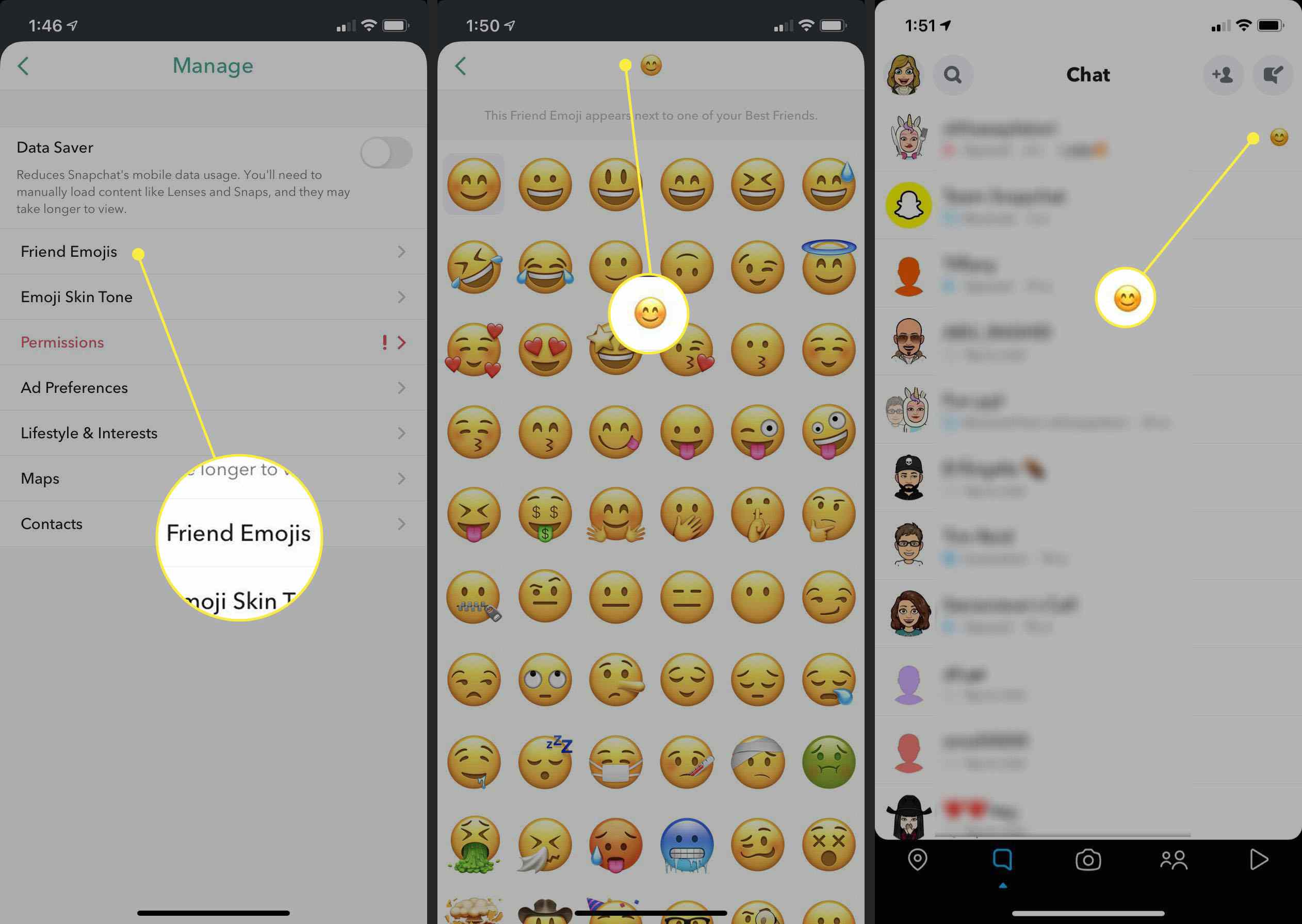 Steg för att ändra emoji i en konversation på Snapchat.
