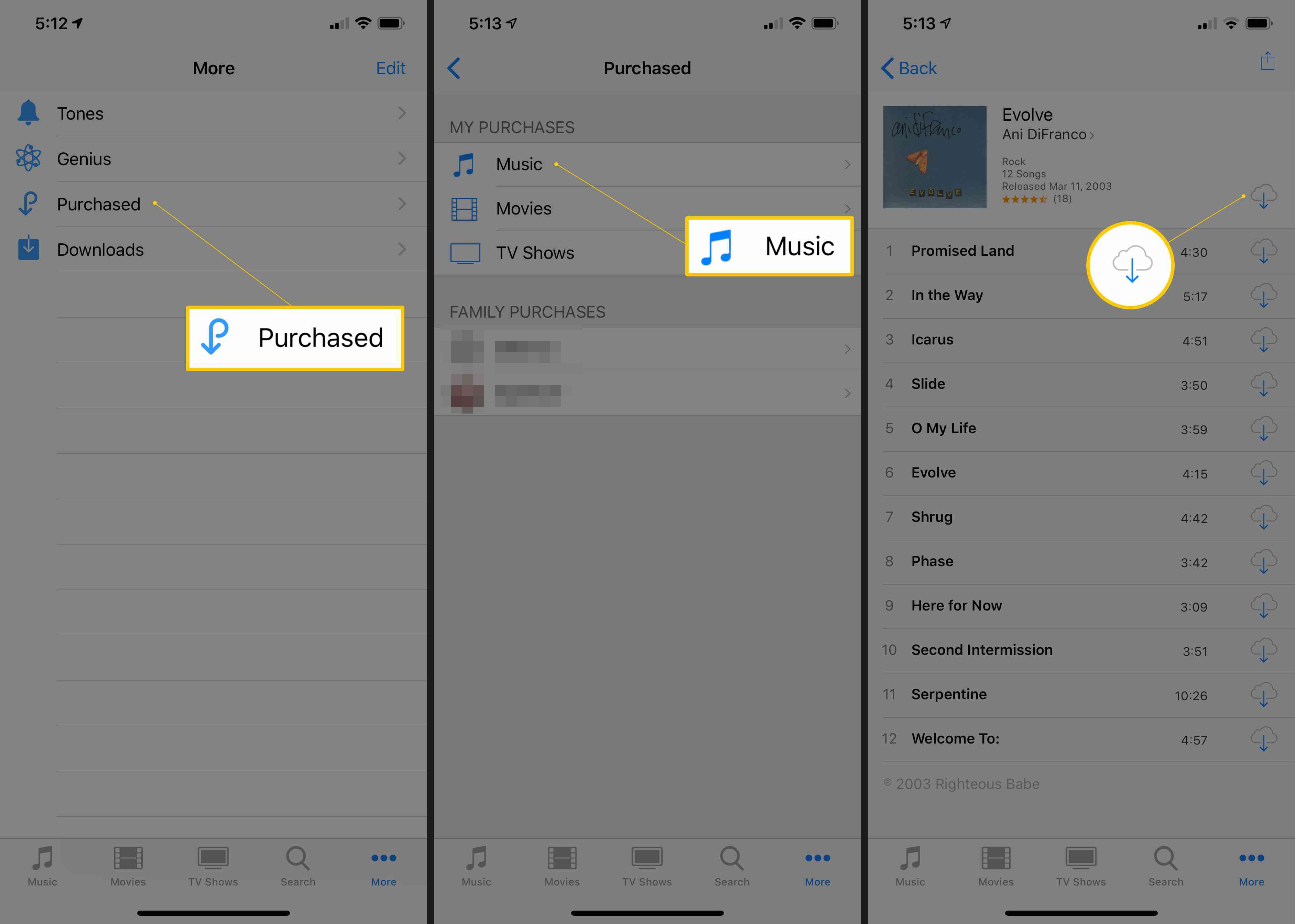 Tre iOS-skärmdumpar som visar nedladdningsknappar för köpta, musik och moln