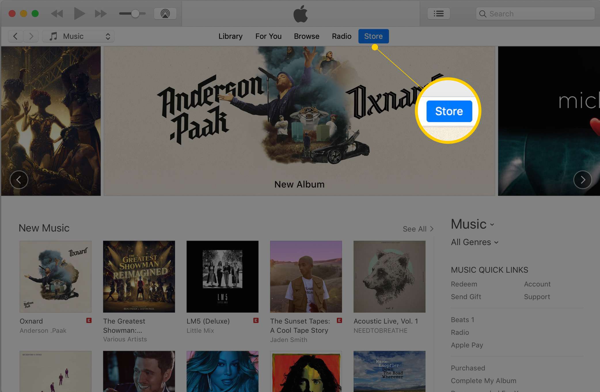 iTunes på macOS, visar Store-knappen i skärmbilderna i det övre navigeringsfältet