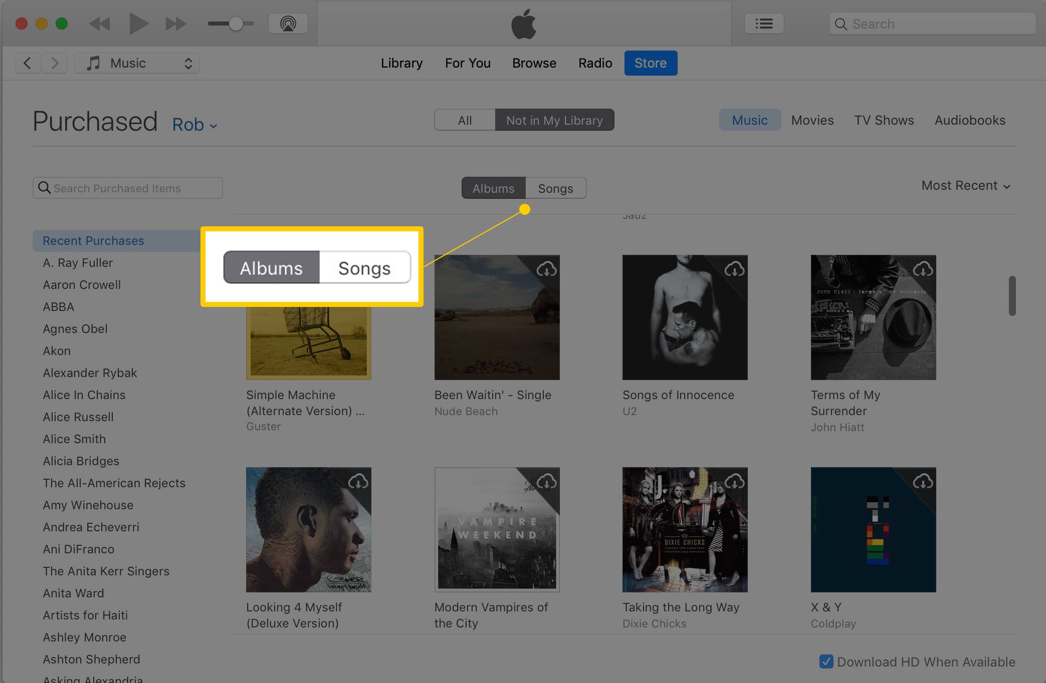 Album / låtar växlas i iTunes-skärmdump
