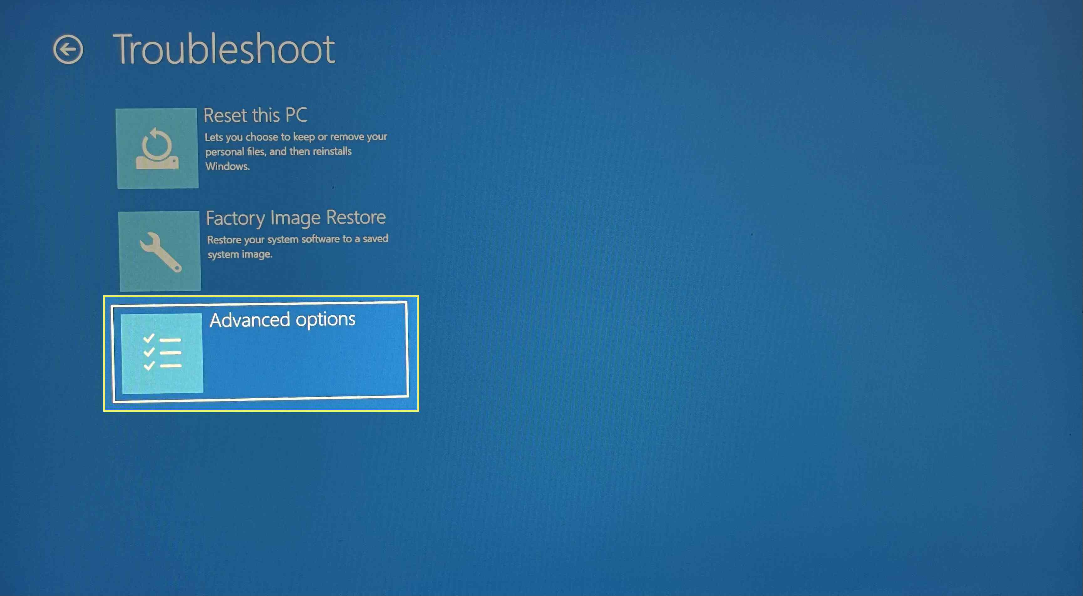 Avancerade alternativ Felsökningsavsnitt i Windows 10.