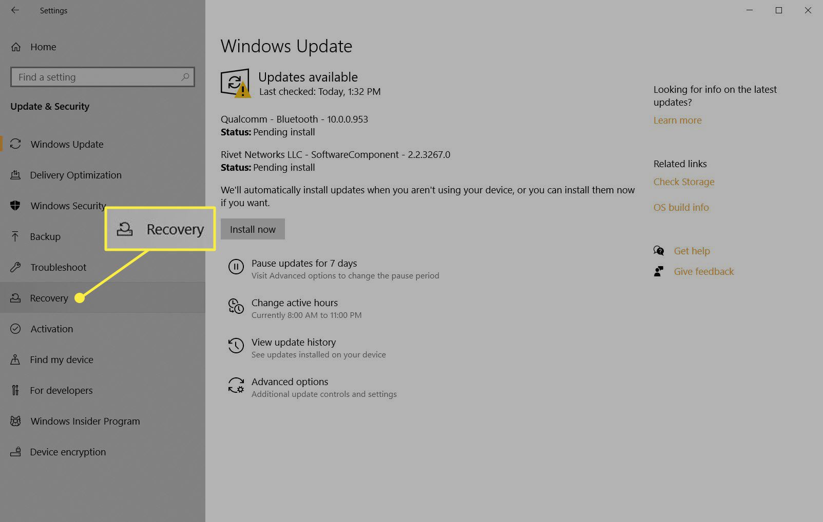 Återställningsavsnittet i Uppdatering och säkerhet på Windows 10.