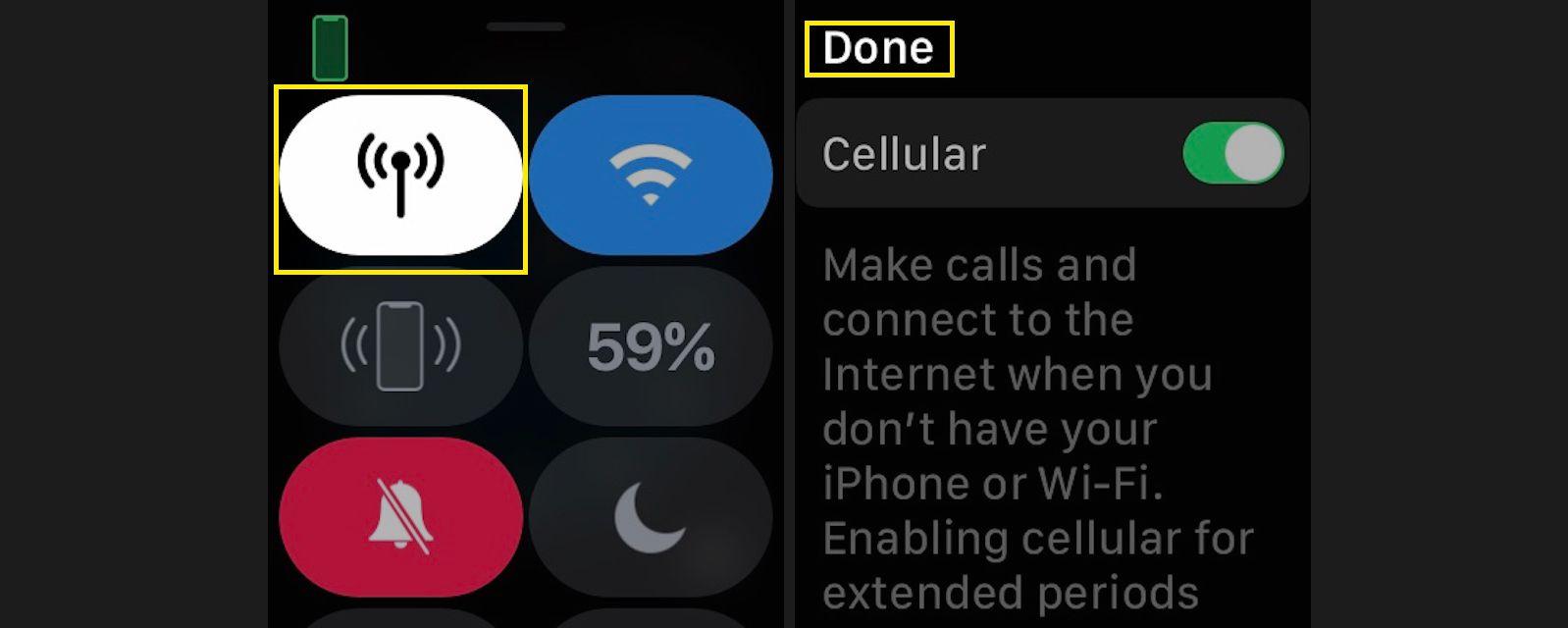 Tryck på mobilikonen för att stänga av mobiltjänsten för din Apple Watch