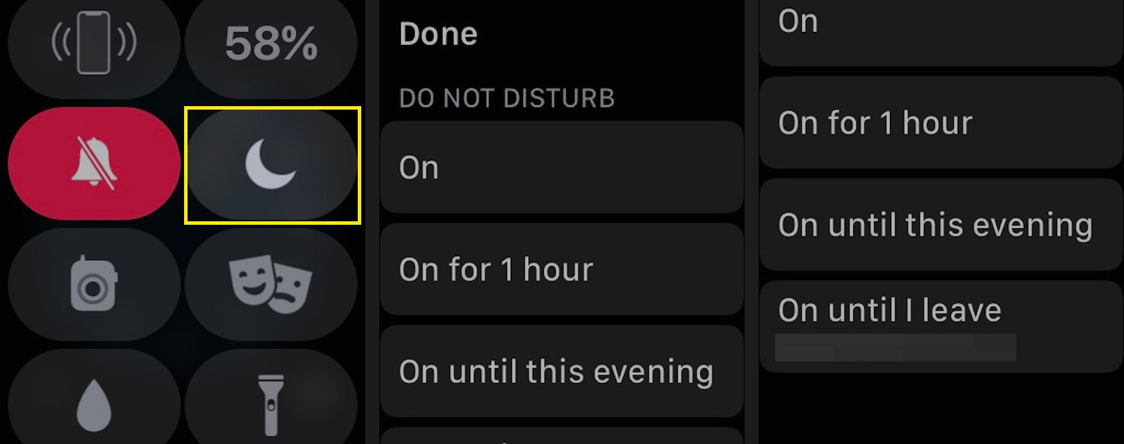 Tryck på ikonen Stör ej (måne) för att aktivera Stör ej-läge.  Välj att aktivera eller inaktivera den här funktionen eller ange hur lång tid som ska vara ostörd.