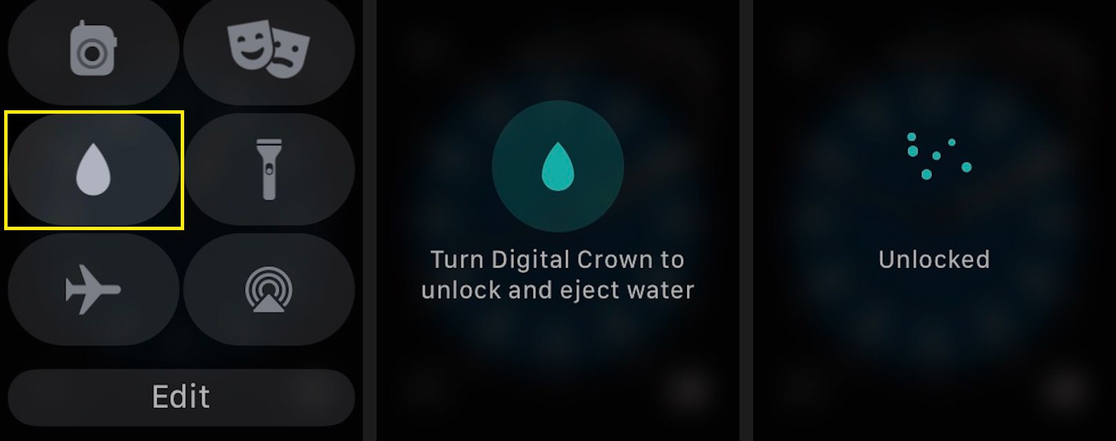 Tryck på ikonen Vattenlås (en droppe vatten) för att placera klockan i läget Vattenlås när du simmar.