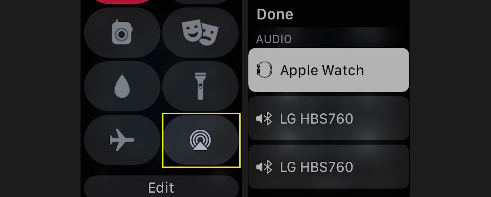 Tryck på AirPlay-ikonen (cirklar med en triangel) för att styra AirPlays ljudutgång.