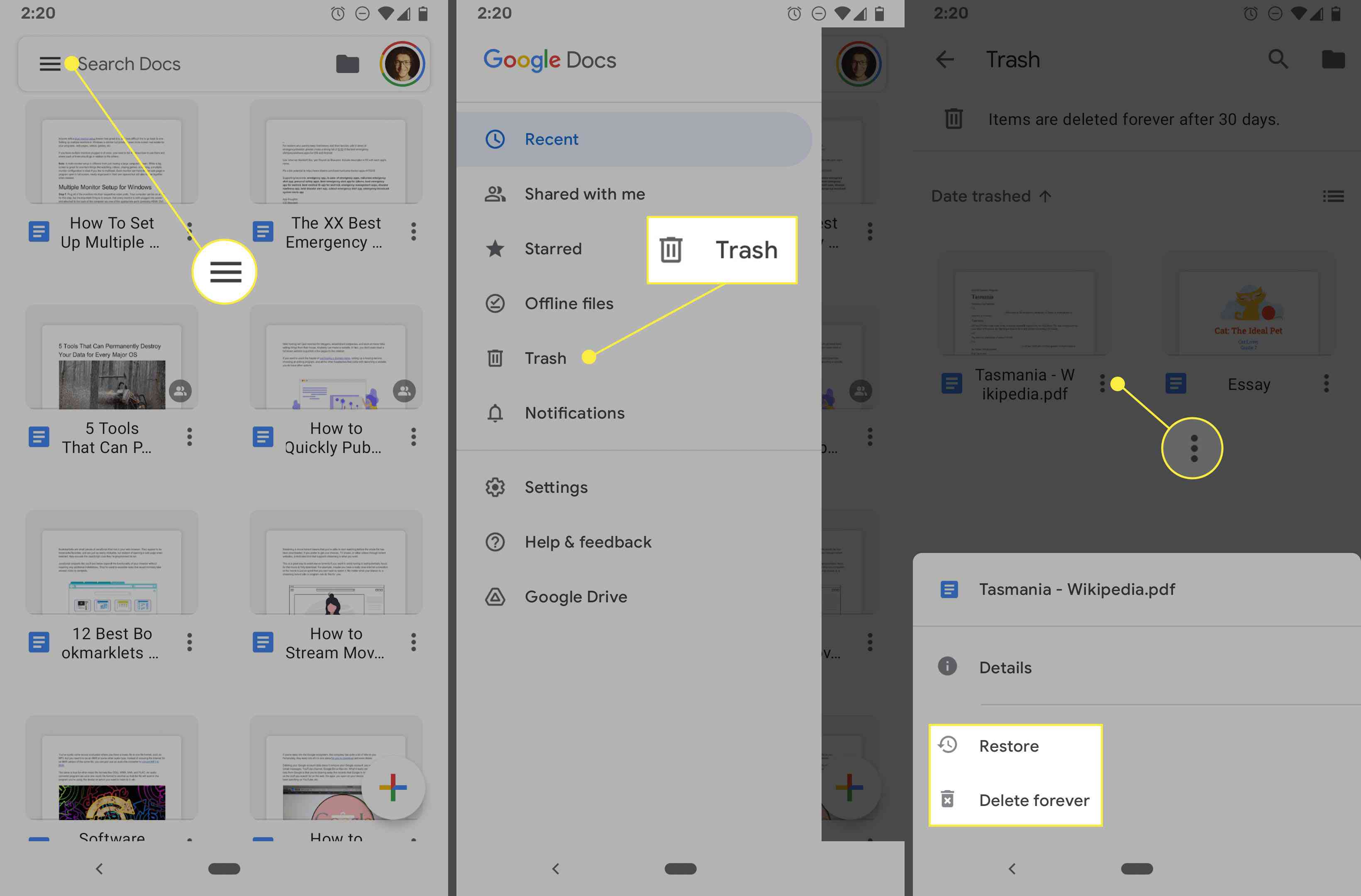 Android Google Docs-app med raderade filer.