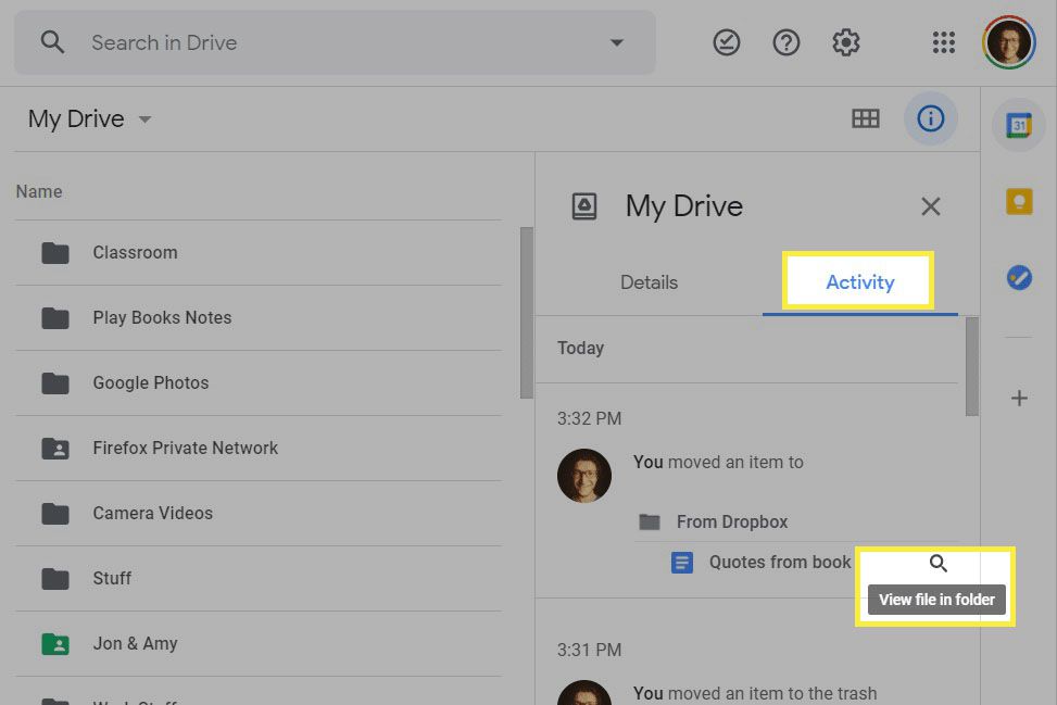 Skärm för senaste aktivitet i Google Drive.
