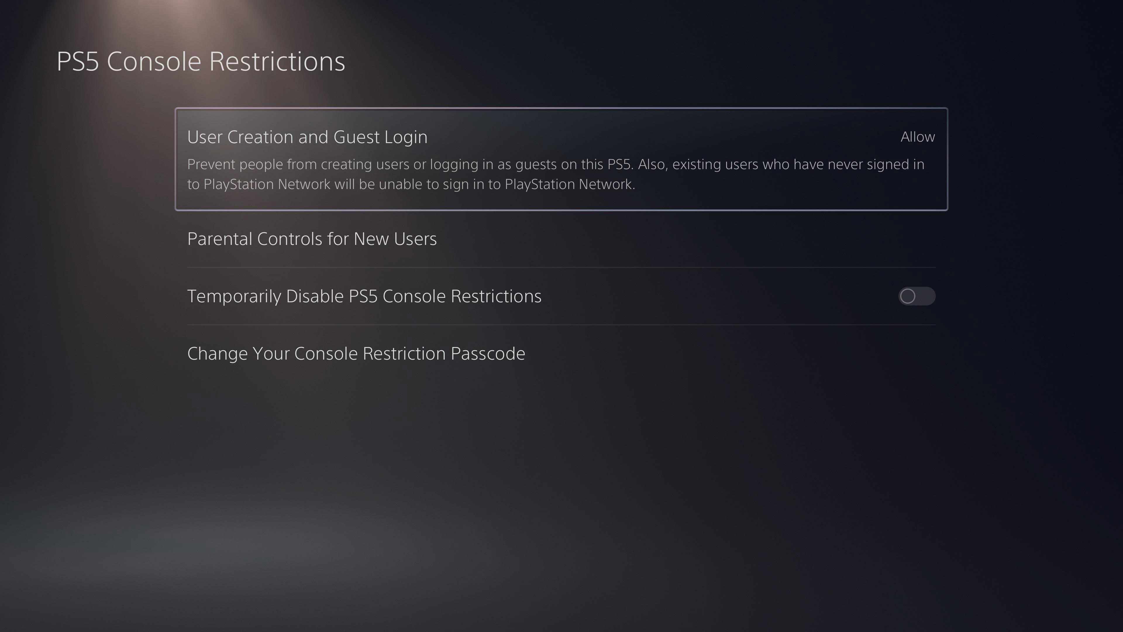 Skärmen PS5 Console Restrictions