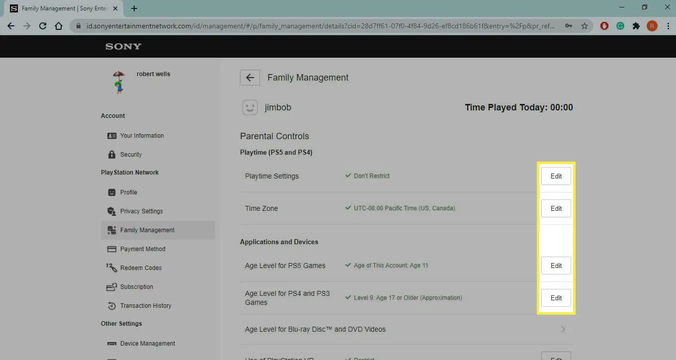 Redigera under PSN Family Management.