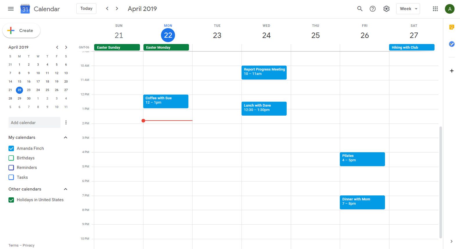 Google Kalender som visar veckovy och meny visas
