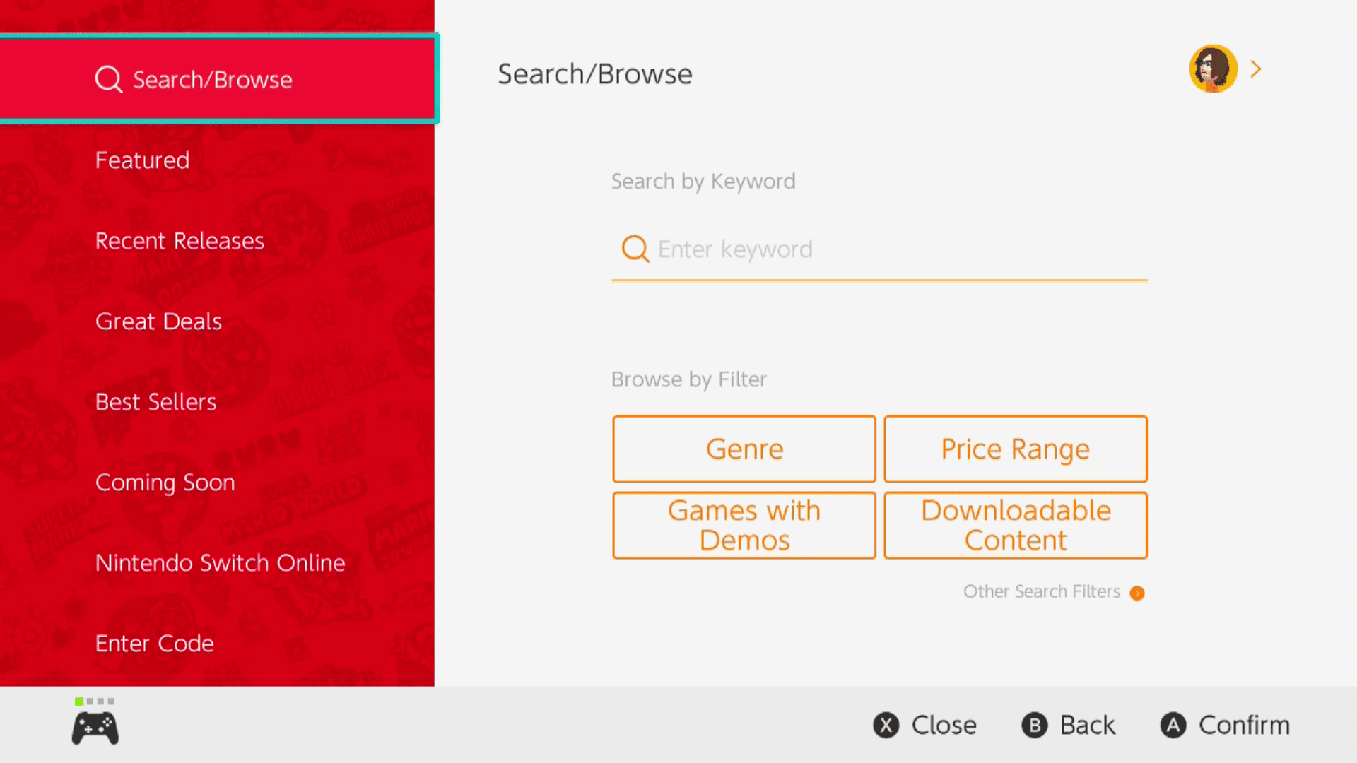 Sök / bläddra markerat i Nintendo eShop.