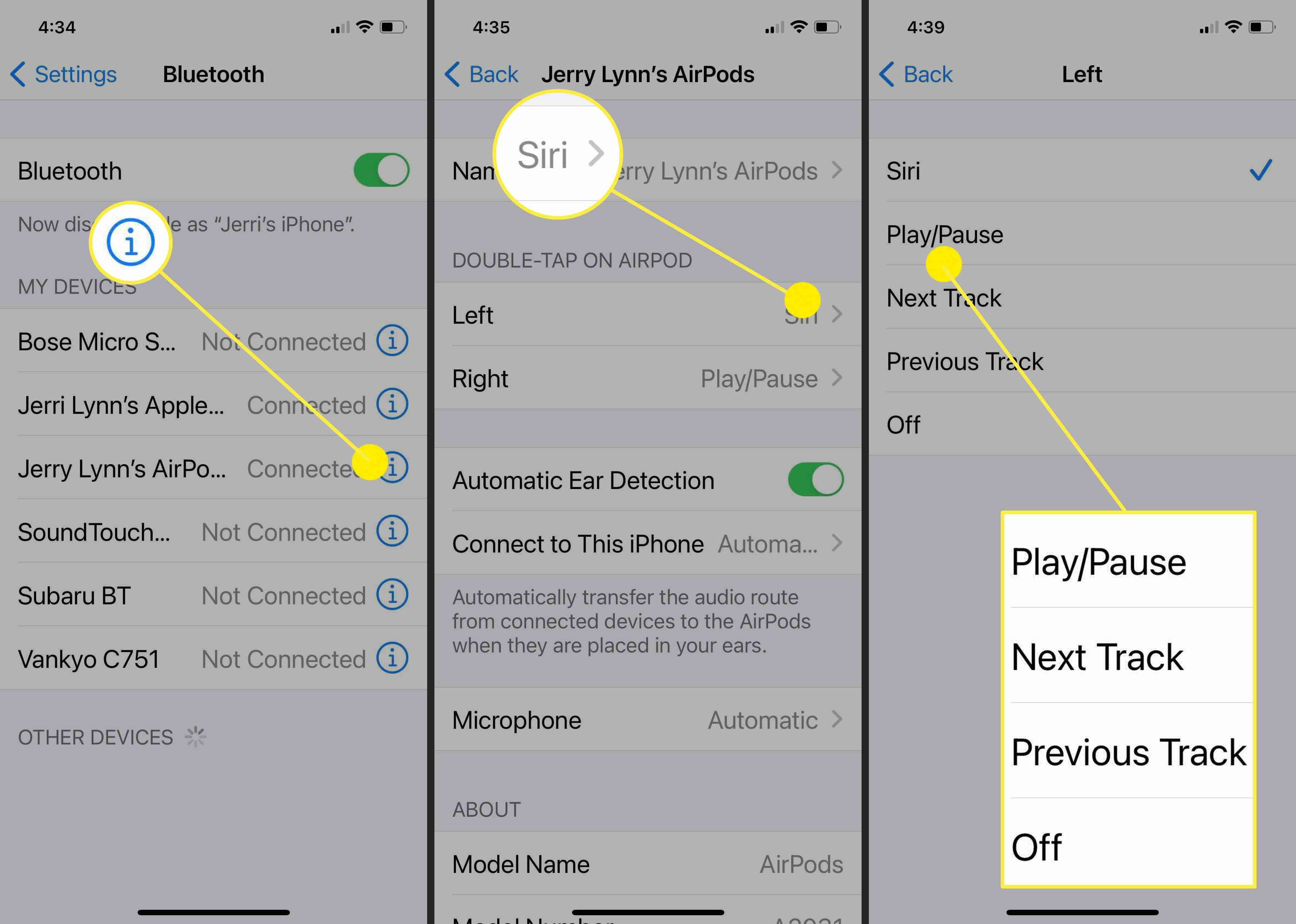 Skärmbilder av hur du ändrar Siri-funktioner på en iPhone.