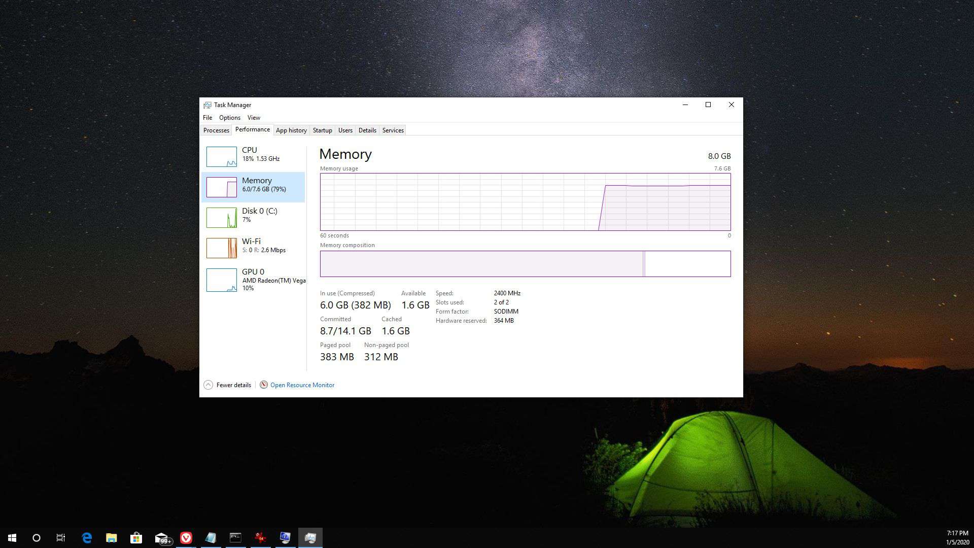 Skärmdump av RAM i aktivitetsfältet i Windows 10