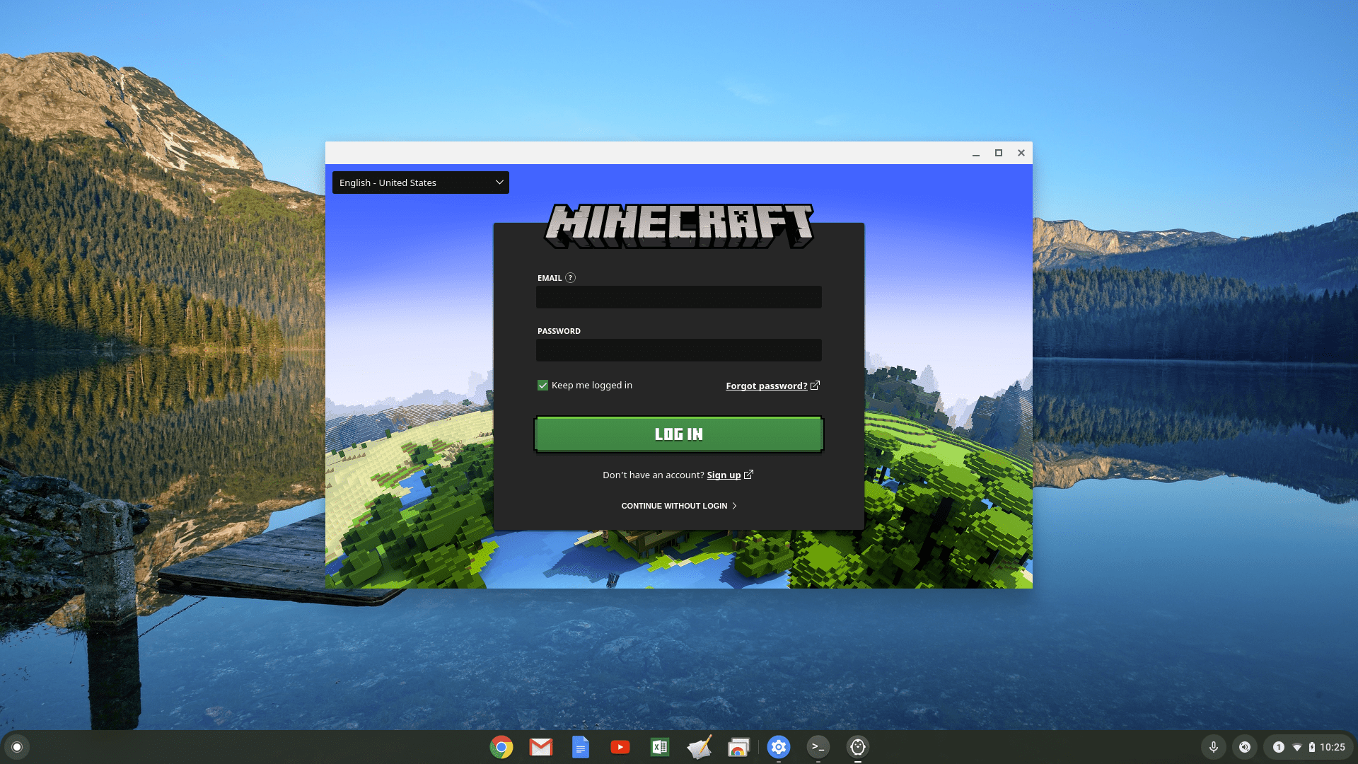 Skärmdump av Minecraft Login på Chromebook