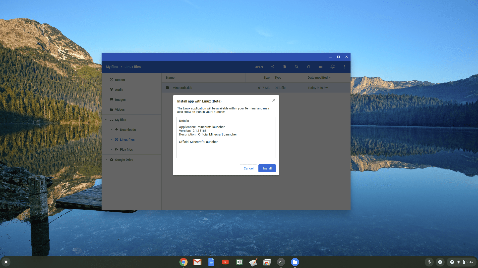 Skärmdump för installation av Linux (Beta) på Chromebook
