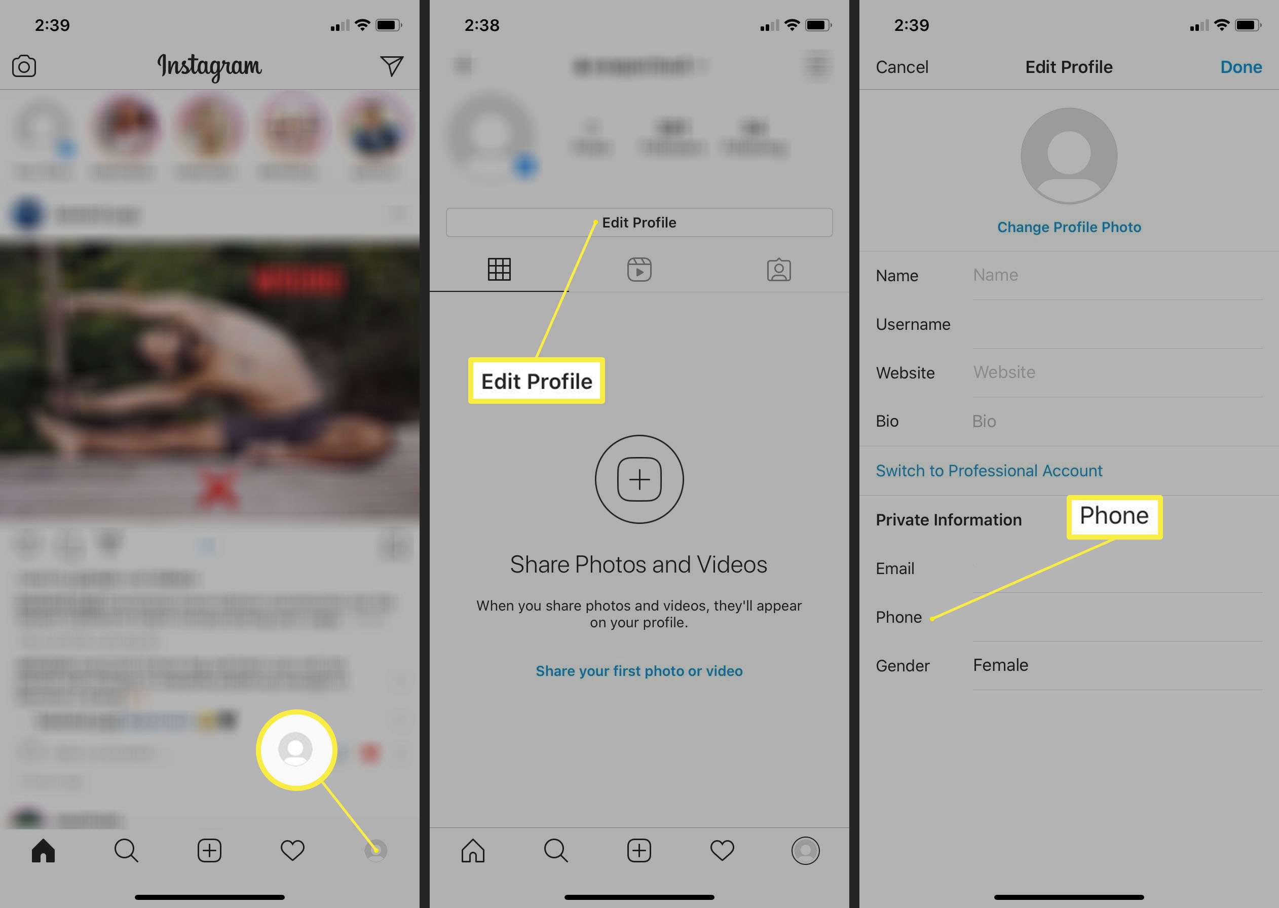 Stegen för att ta i Instagram-appen för att redigera ditt telefonnummer.