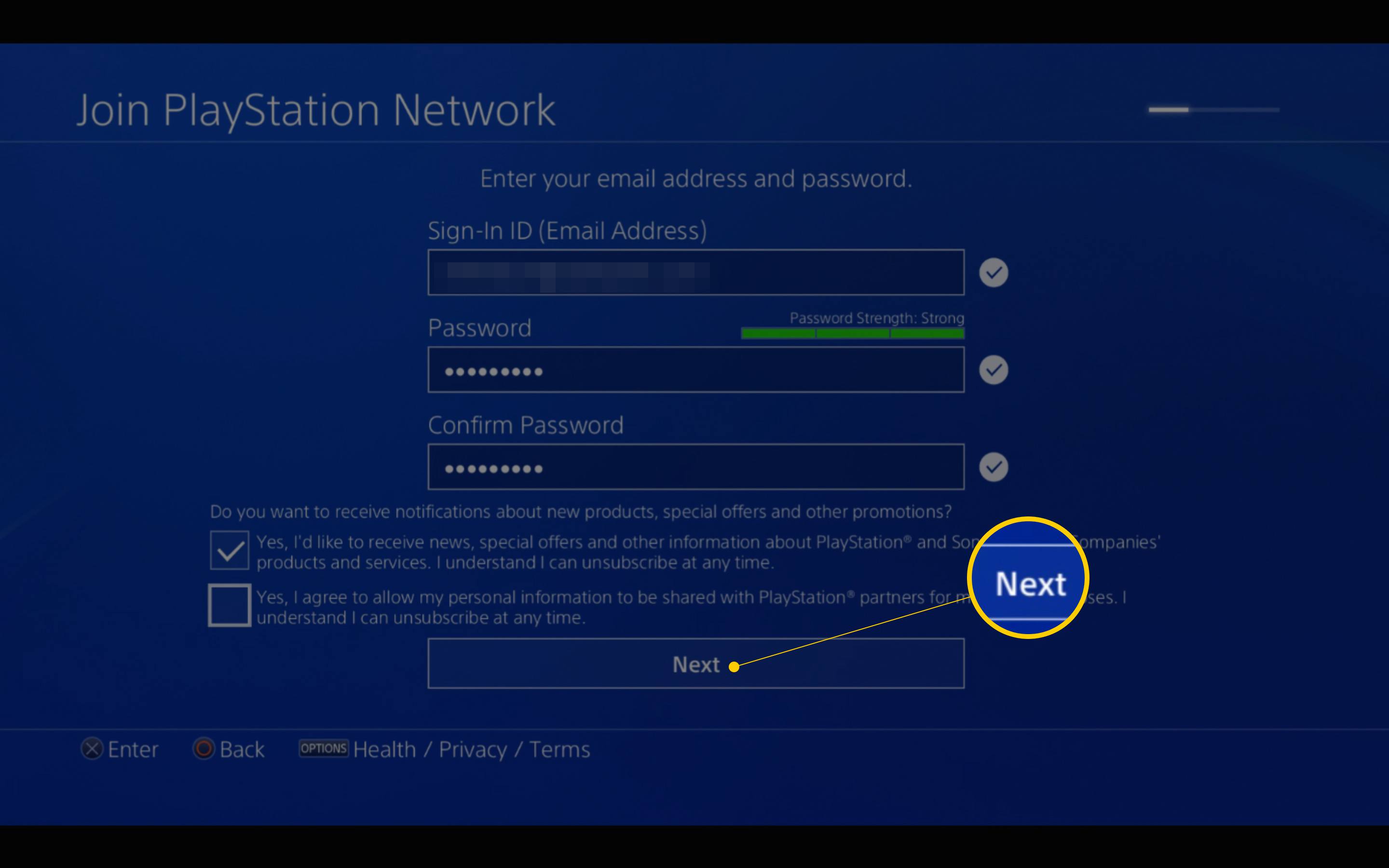 Nästa knapp på sidan för personlig information för att gå med i PlayStation Network på PS4