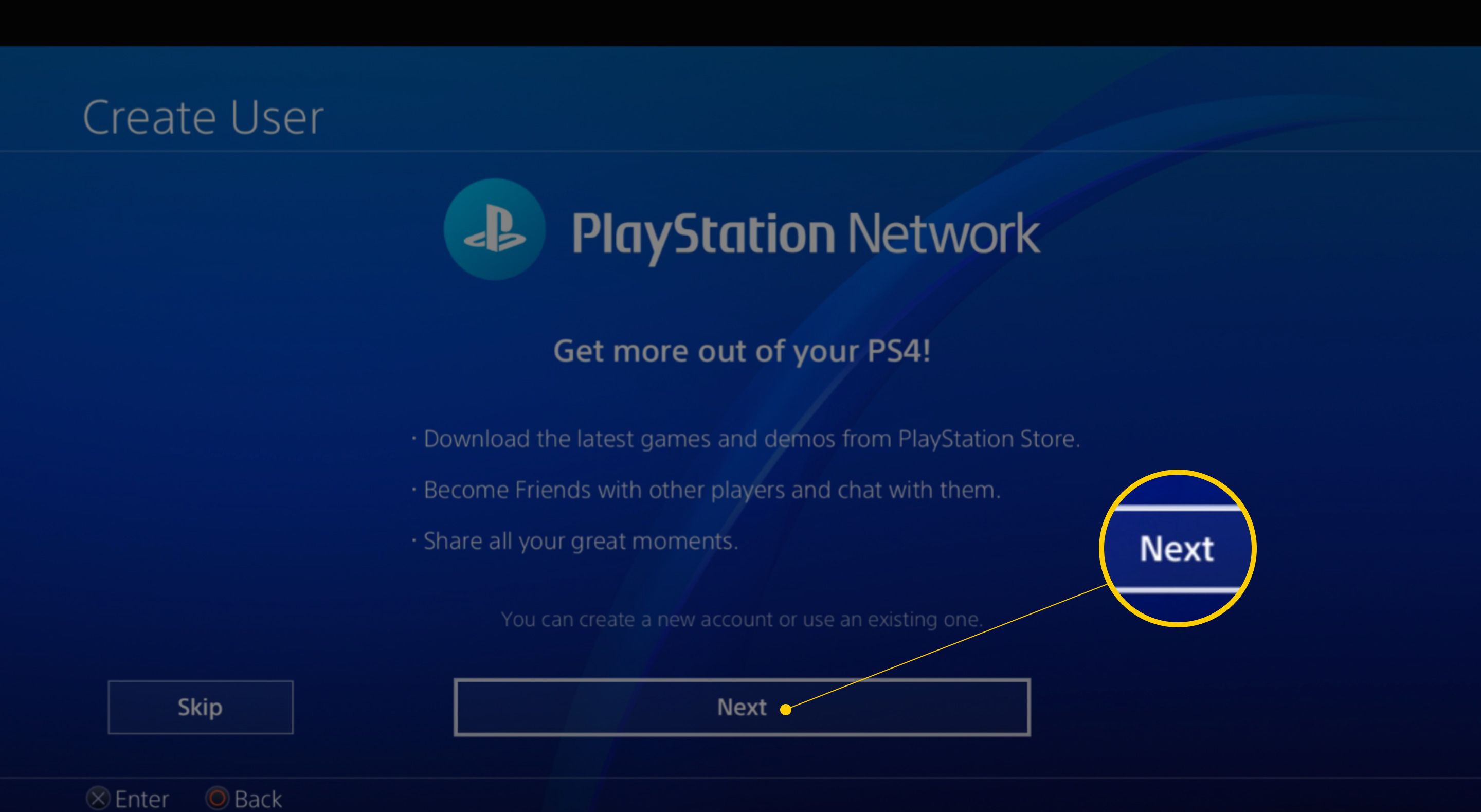 Nästa knapp på PlayStation Network-skärmen på PS4