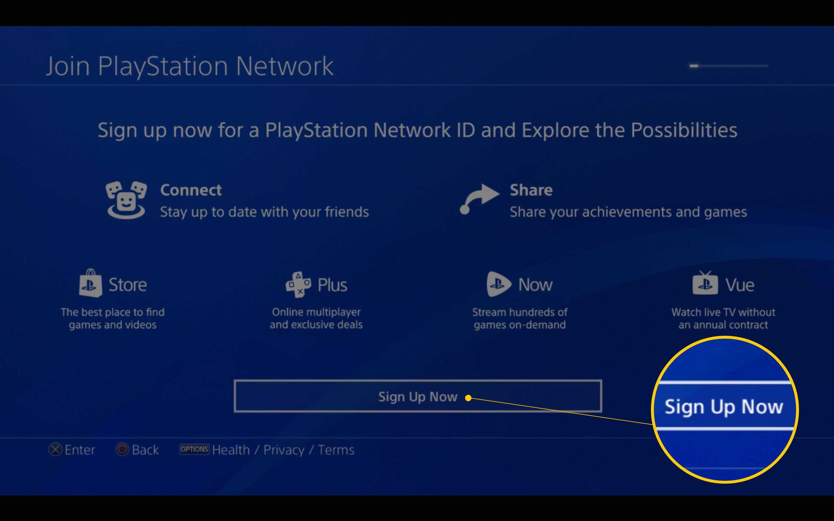 Registrera dig nu-knappen på Gå med på PlayStation Network-skärmen på PS4