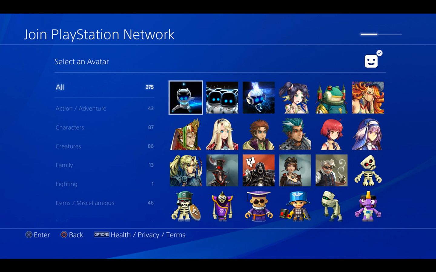 Avatarvalssida för att gå med i PlayStation Network på PS4