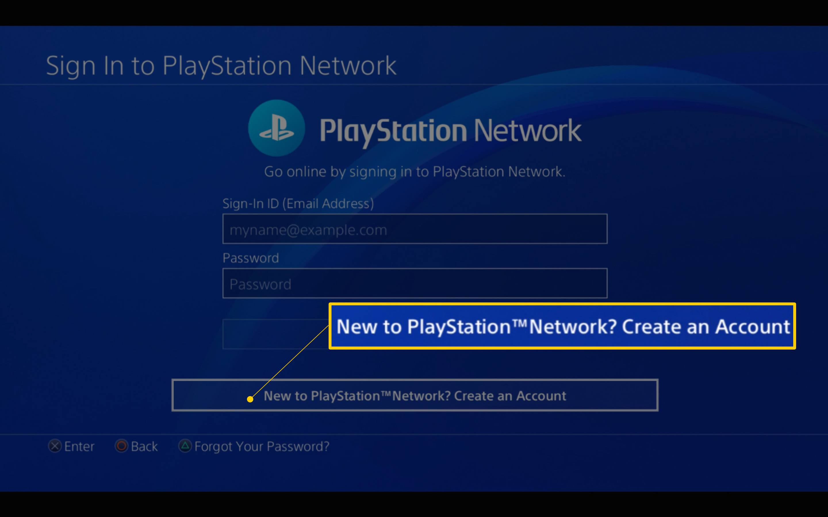Nytt för PlayStation Network?  Skapa ett konto-knapp på PS4